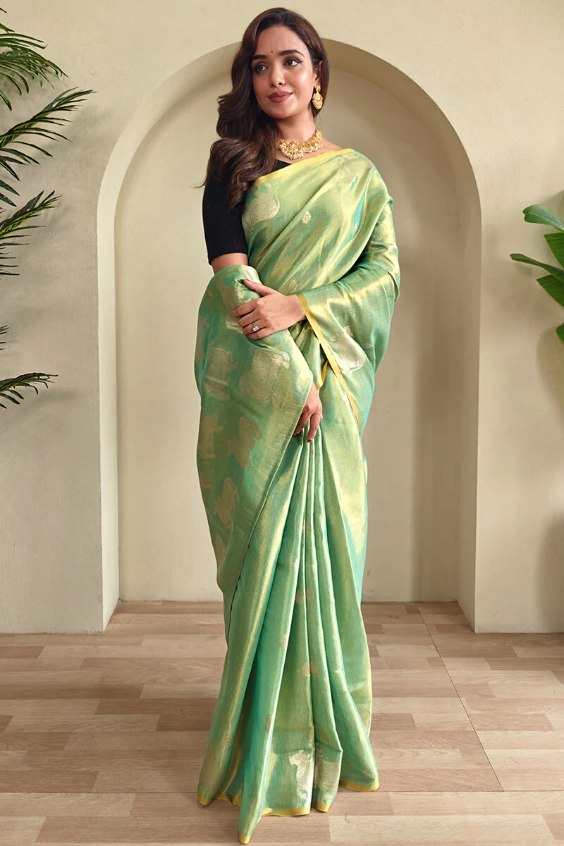 Splendiferous Pista Soft Banarasi Tissue Silk Saree With Elegant Blouse Piece - Image 3