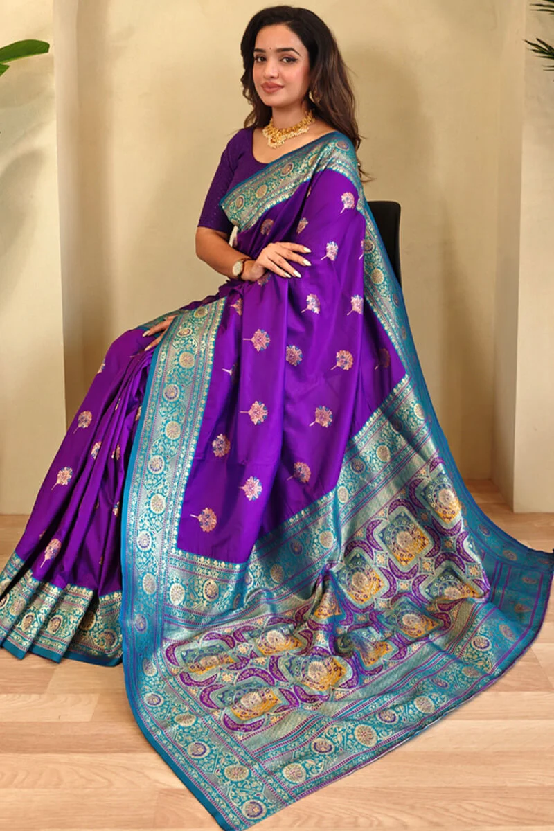 Splendiferous Purple Soft Banarasi Silk Saree With Enchanting Blouse Piece - Image 2
