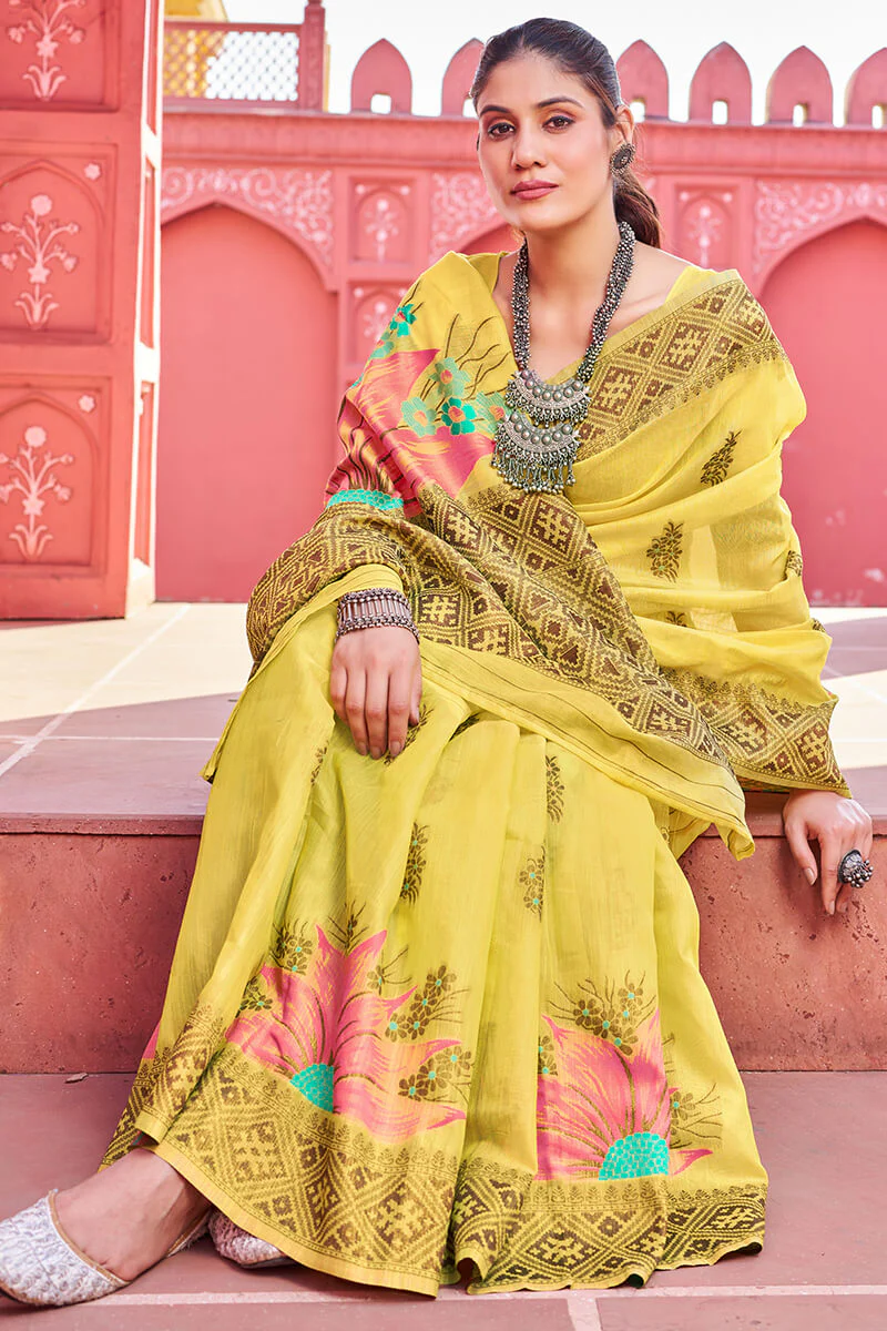 Splendiferous Yellow Cotton Silk Saree With Luxuriant Blouse Piece - Image 3