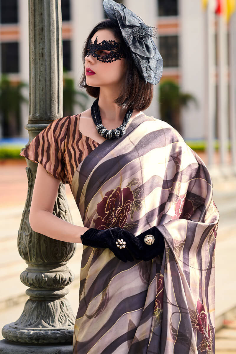 Splendorous Black and Beige Digital Printed Satin Silk Saree With Resplendent Blouse Piece - Image 2