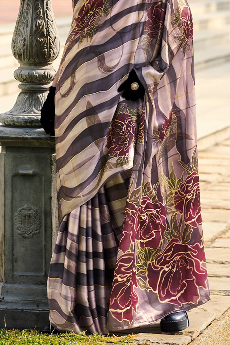 Splendorous Black and Beige Digital Printed Satin Silk Saree With Resplendent Blouse Piece - Image 3