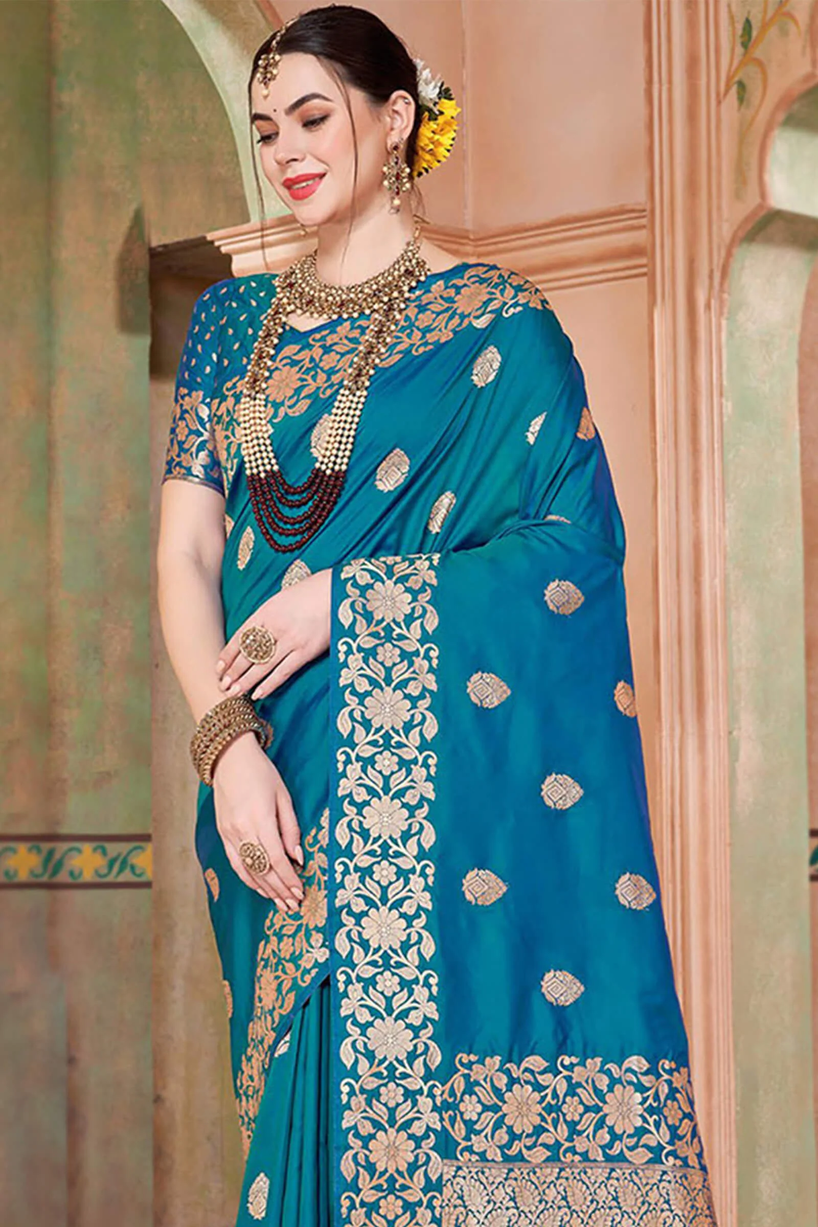 Splendorous Firozi Soft Banarasi Silk Saree With Most Flattering Blouse Piece - Image 2