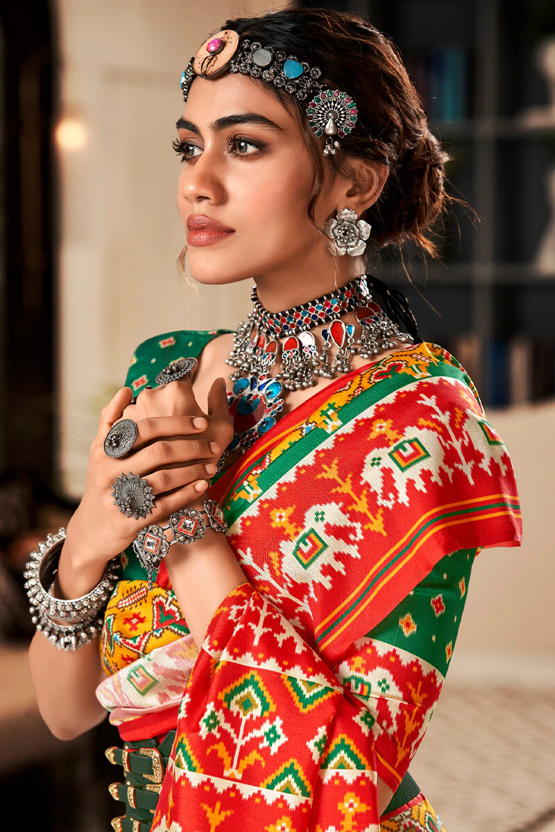 Splendorous Mustard Patola Silk Saree with Vestigial Blouse Piece - Image 3