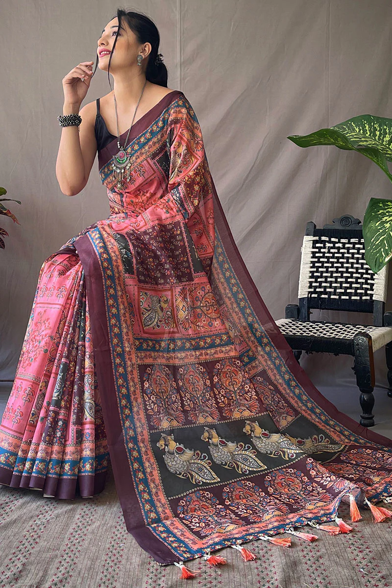 Splendorous Pink Kalamkari Printed Saree With Sonorous Blouse Piece - Image 3