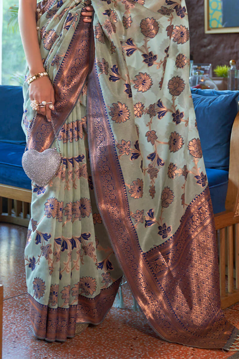 Splendorous Sea Green Organza Silk Saree With Glittering Blouse Piece - Image 3