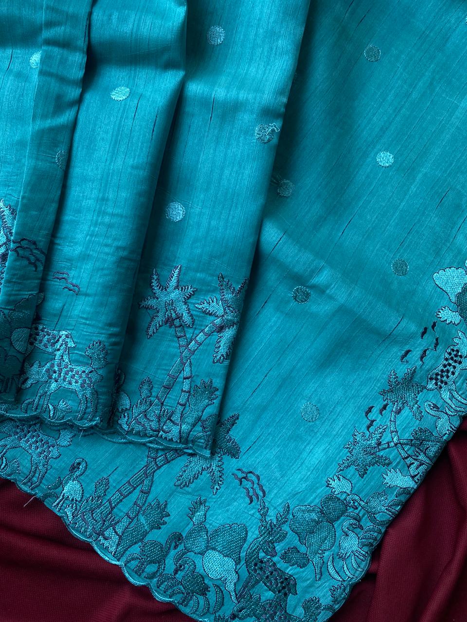 Staggering Firozi Embroidery Work Tussar Silk Saree With Cynosure Blouse Piece - Image 2