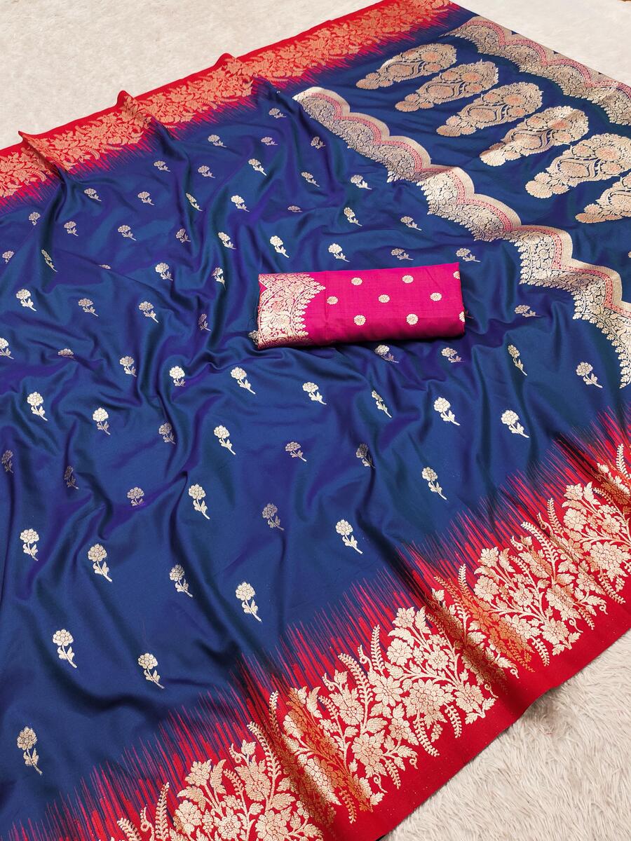 Staggering Navy Blue Pure Zari Weaving Banarasi Silk Saree With Cynosure Blouse Piece - Image 2