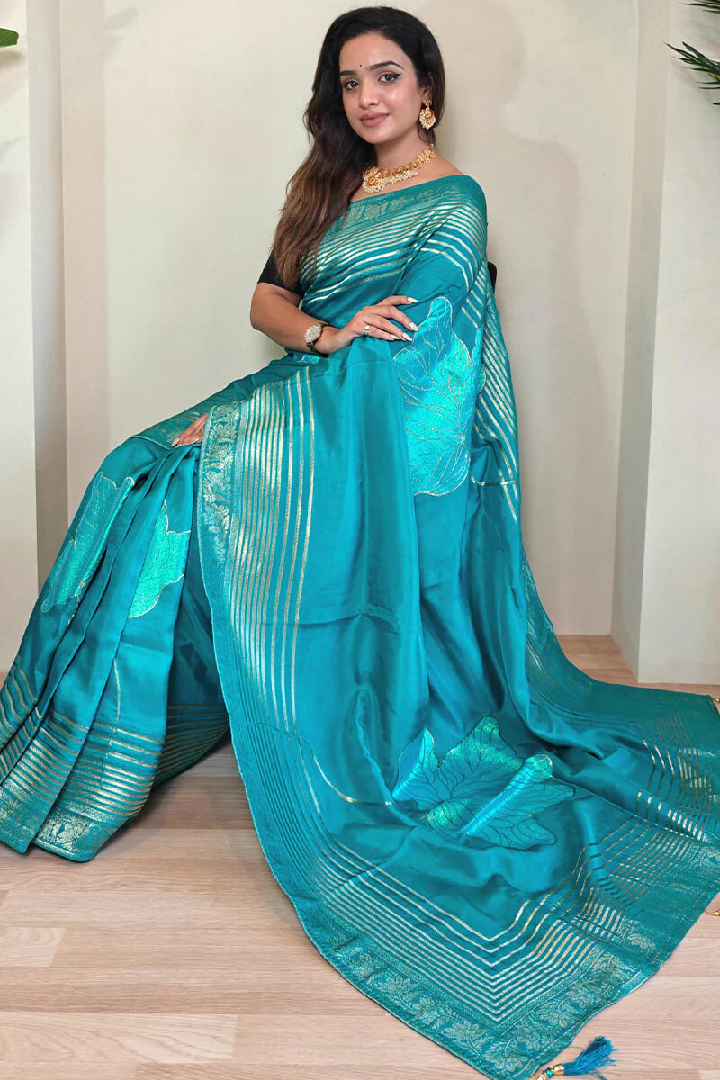 Staring Firozi Soft Banarasi Silk Saree With Jazzy Blouse Piece - Image 4