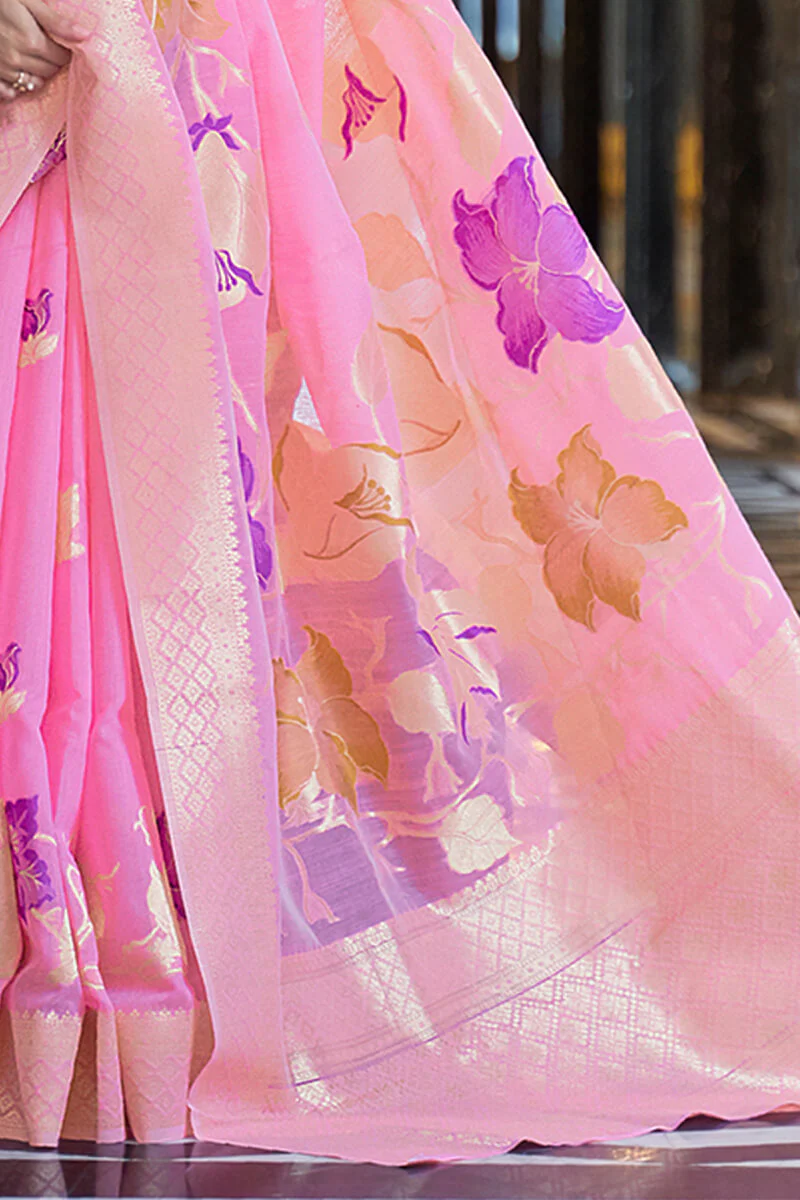 Staring Pink Cotton Silk Saree With Beautiful Blouse Piece - Image 3