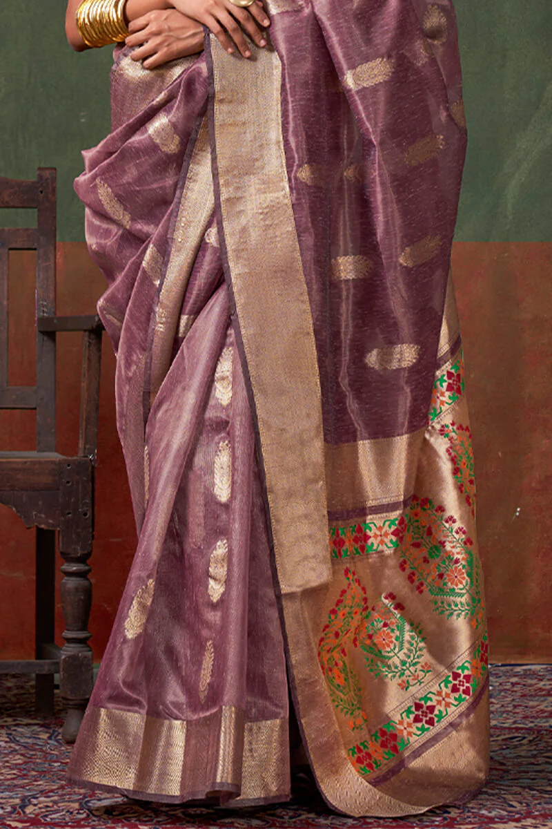 Staring Purple Paithani Pure Tissue Silk Saree With Comely Blouse Piece - Image 3