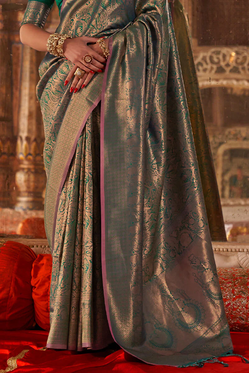Staring Rama Kanjivaram Silk Saree With Divine Blouse Piece - Image 3