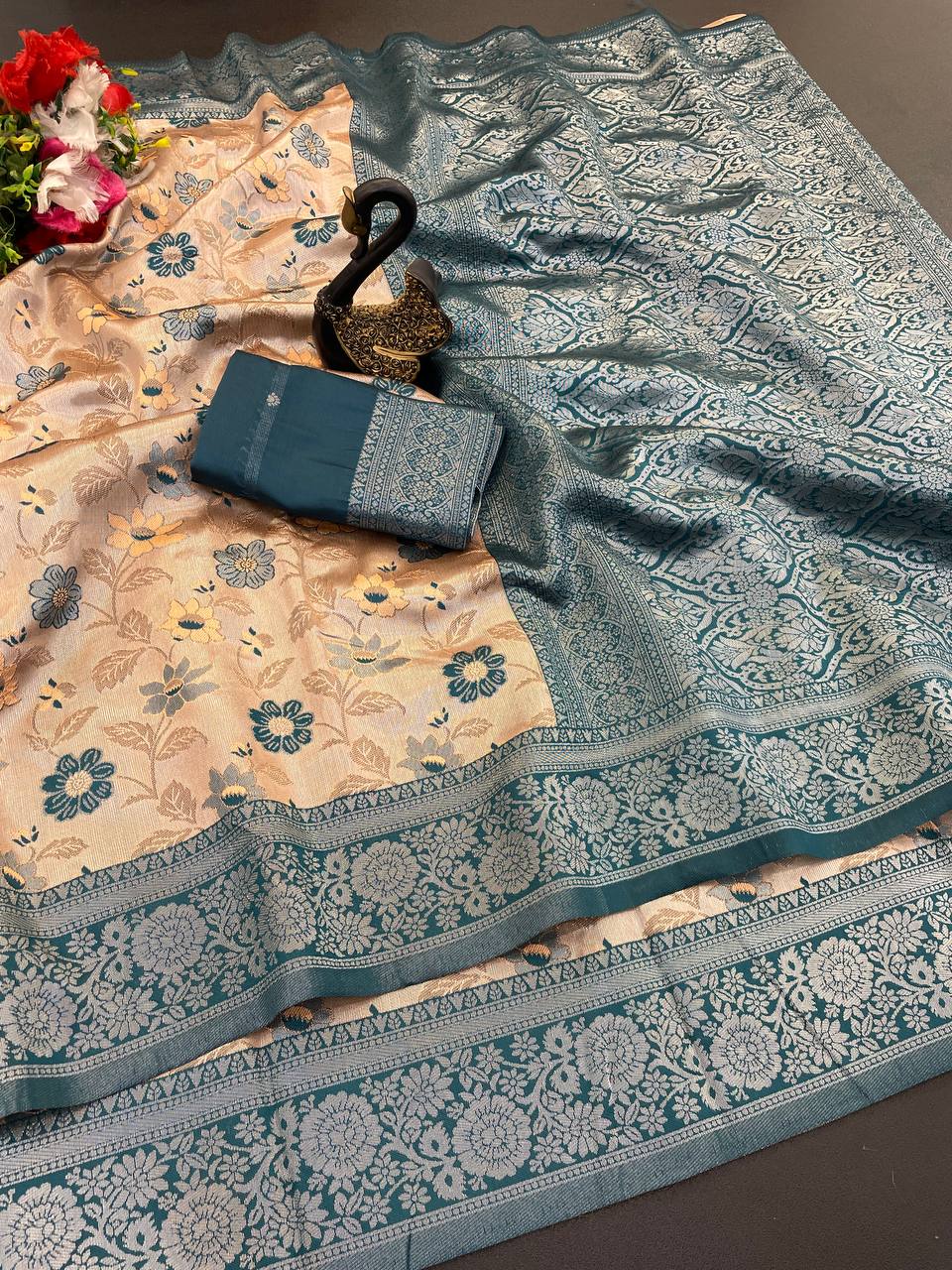 Stunner Peach Soft Banarasi Tissue Silk Saree With Intricate Blouse Piece - Image 2