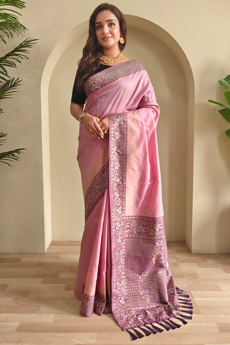 Stunning Baby Pink Soft Banarasi Silk Saree With Precious Blouse Piece