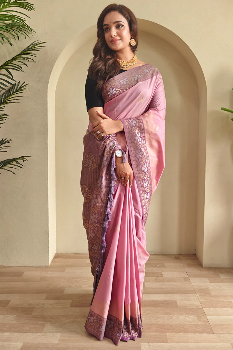 Stunning Baby Pink Soft Banarasi Silk Saree With Precious Blouse Piece - Image 2