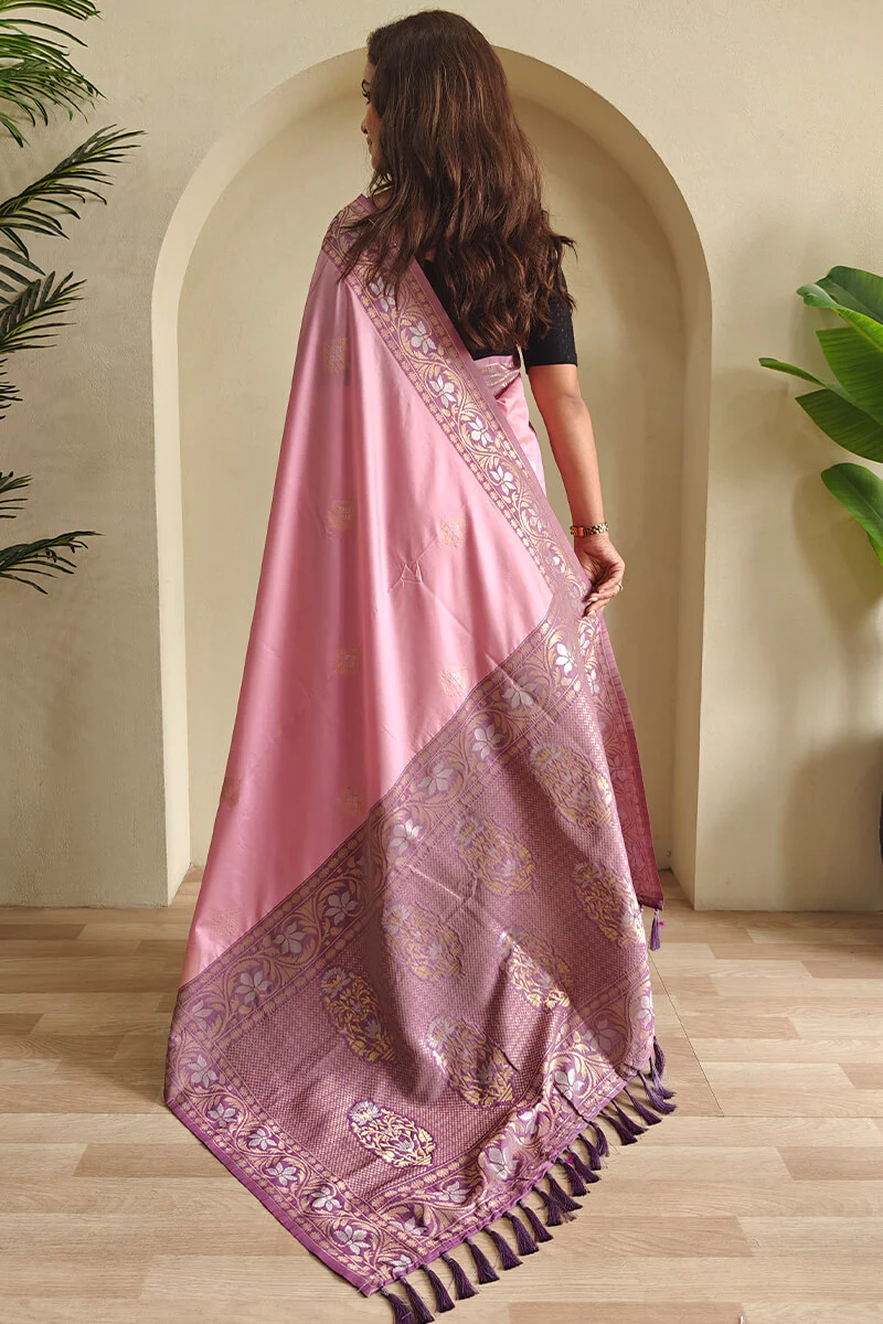 Stunning Baby Pink Soft Banarasi Silk Saree With Precious Blouse Piece - Image 3