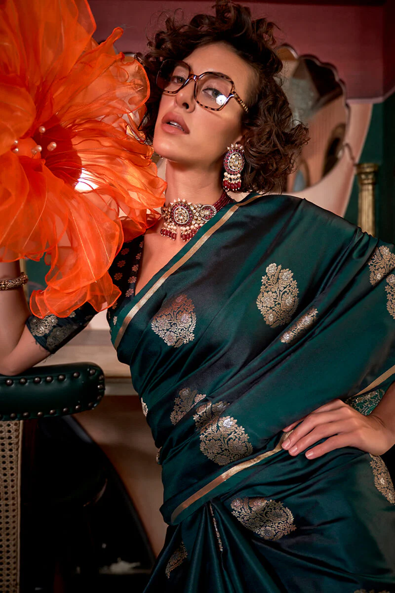 Stunning Dark Green Banarasi Satin Silk Saree With Precious Blouse - Image 3