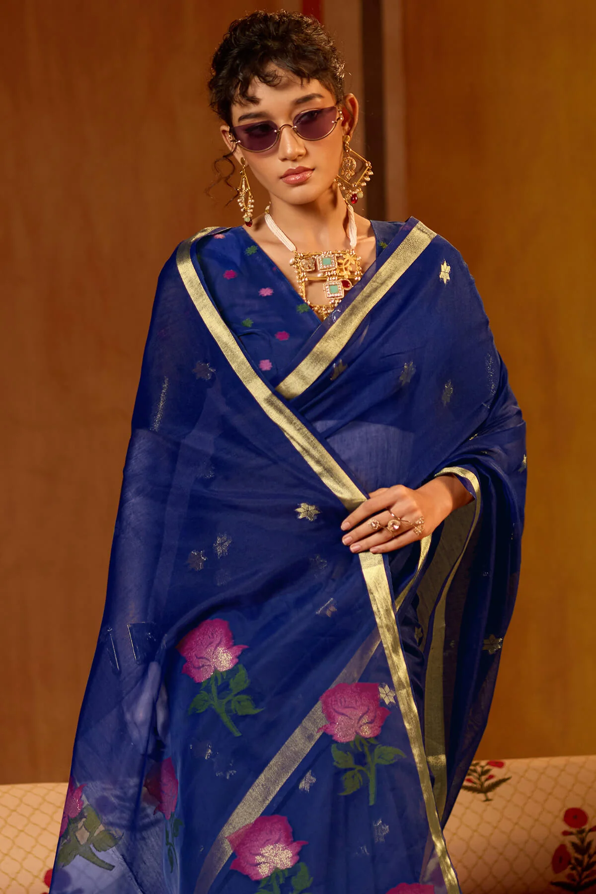 Stunning Navy Blue Pure Munga Cotton Saree With Super extravagant Blouse Piece - Image 2