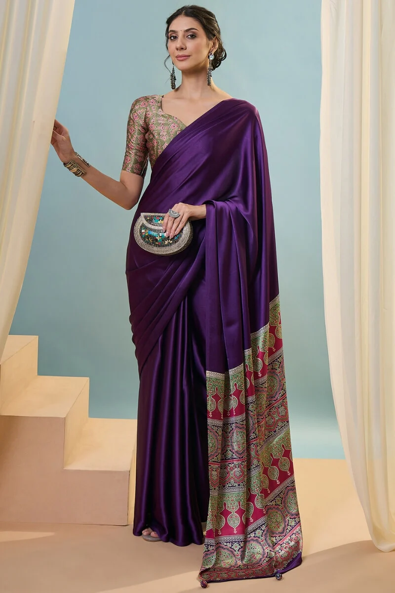Stunning Purple Ajrakh Printed Semi Modal Silk Saree With Aplomb Blouse Piece - Image 3