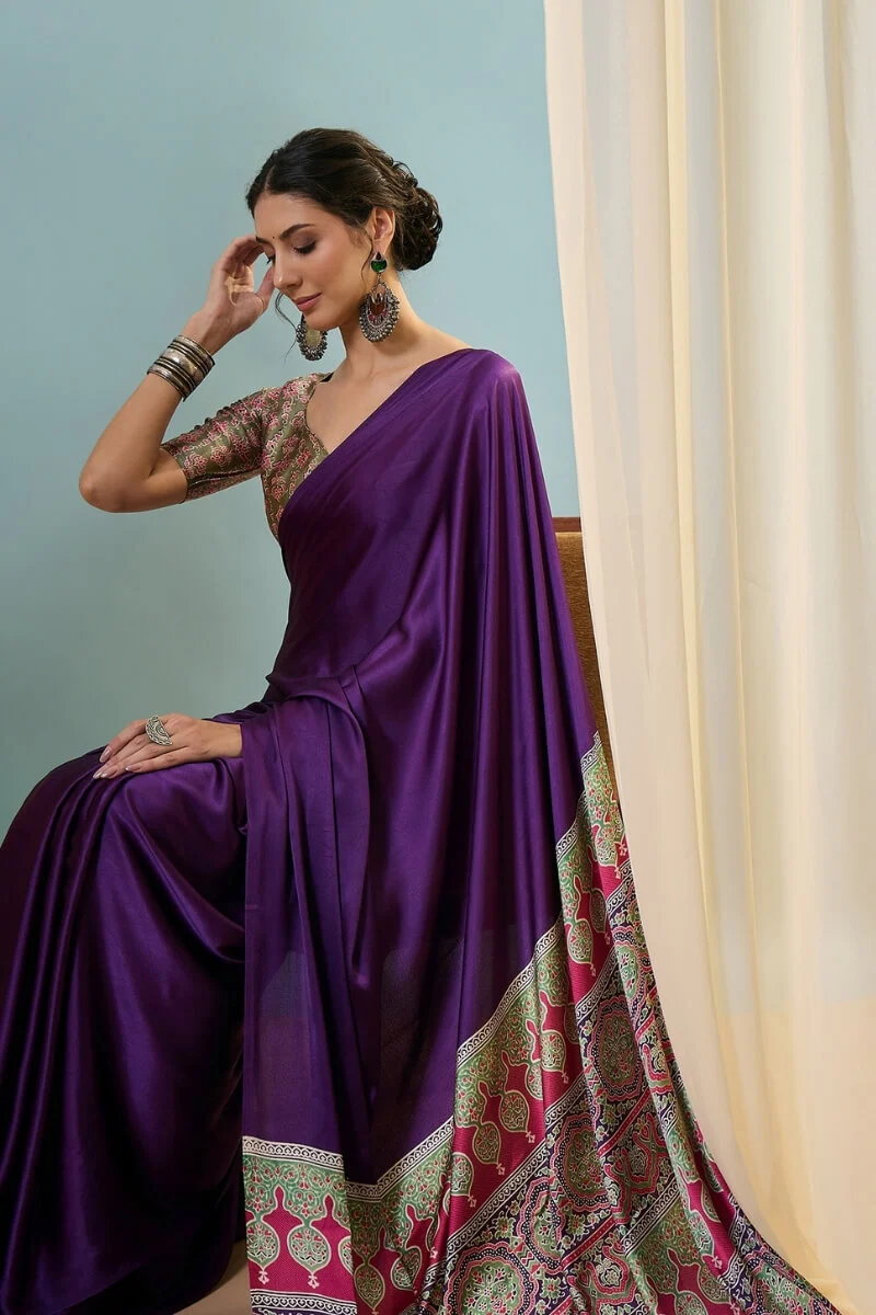 Stunning Purple Ajrakh Printed Semi Modal Silk Saree With Aplomb Blouse Piece - Image 4
