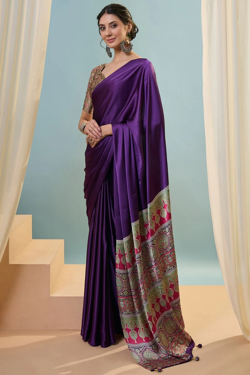 Stunning Purple Ajrakh Printed Semi Modal Silk Saree With Aplomb Blouse Piece - Image 5