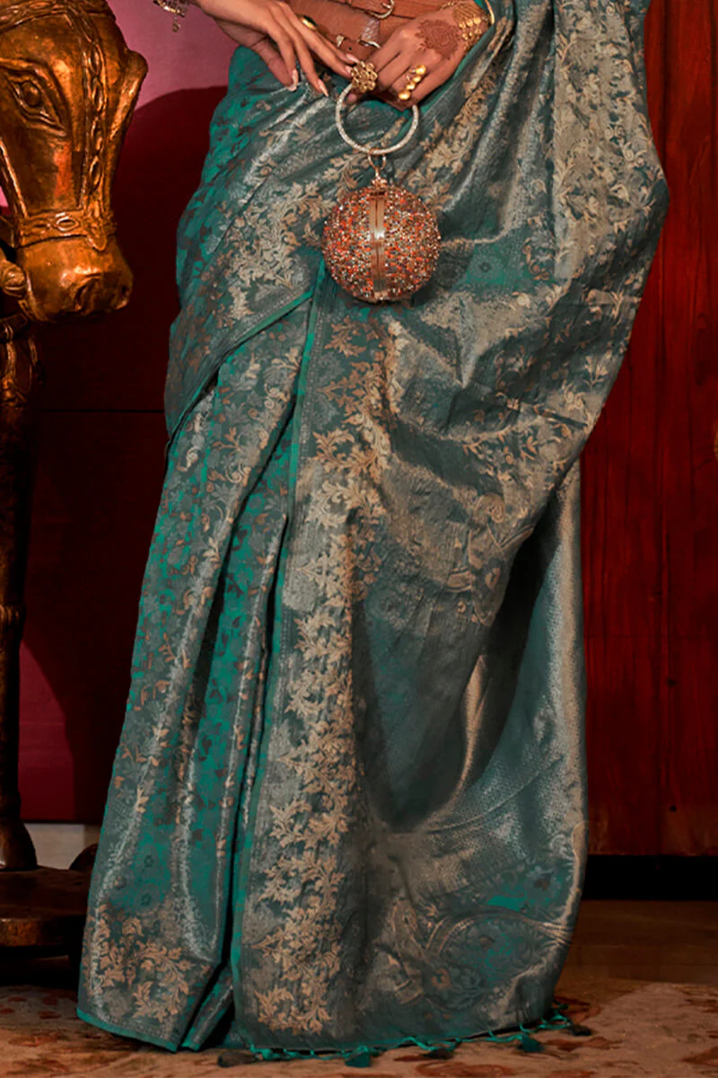 Stunning Rama Soft Banarasi Silk Saree With Energetic Blouse Piece - Image 3