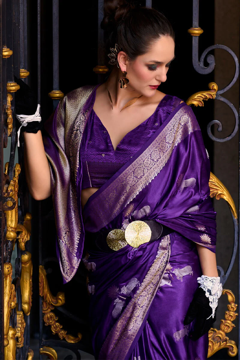 Stunning Royal Purple Banarasi Satin Silk Saree With Energetic Blouse - Image 3