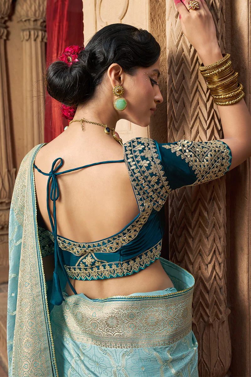 Stunning Sky Banarasi Satin Silk Saree With Energetic Blouse - Image 4