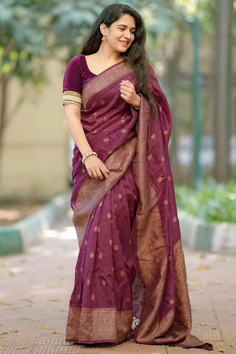 Stunning Wine Soft Silk Saree With Capricious Blouse Piece - Image 3