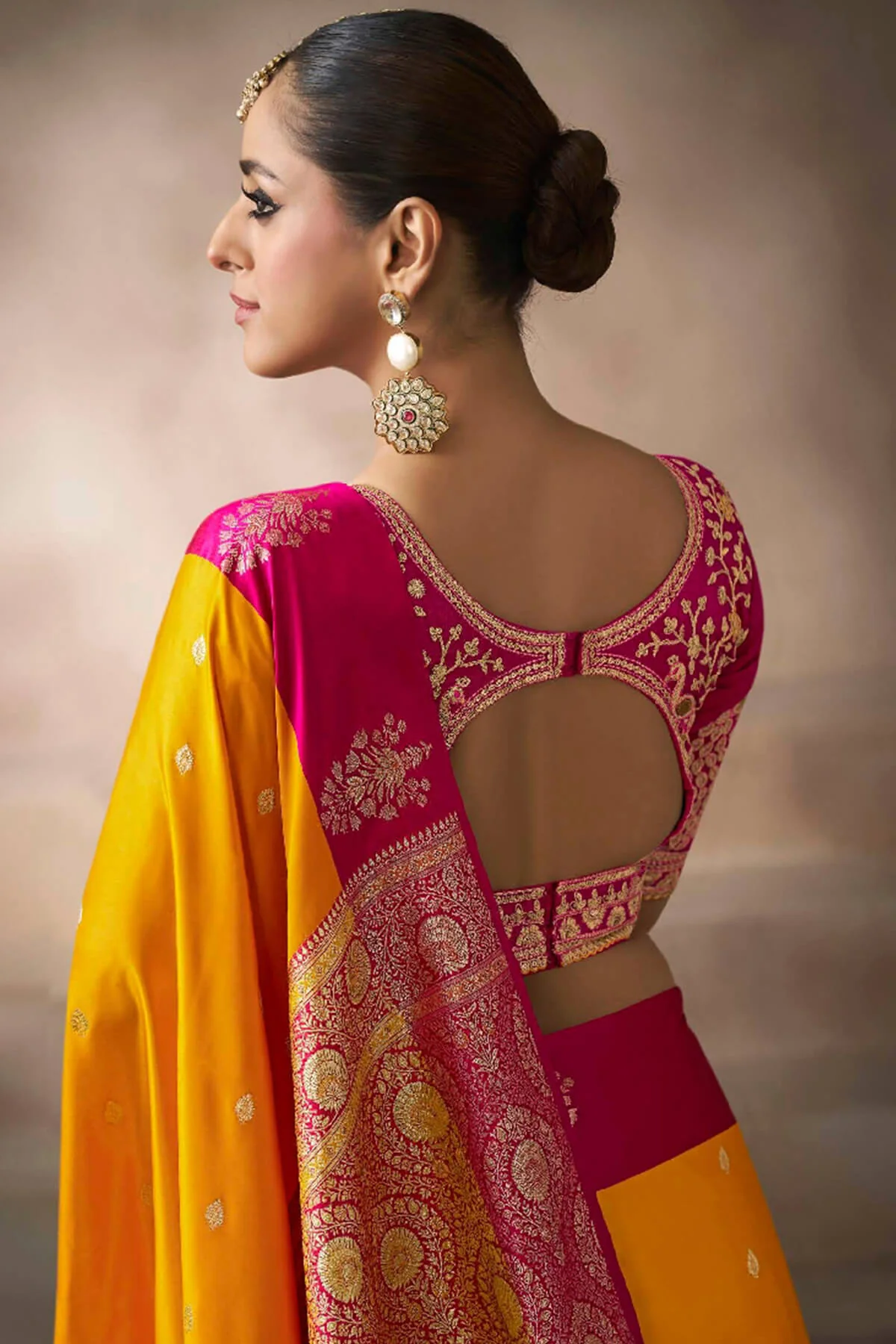 Stunning Yellow Banarasi Satin Silk Saree With Beguiling Blouse - Image 3