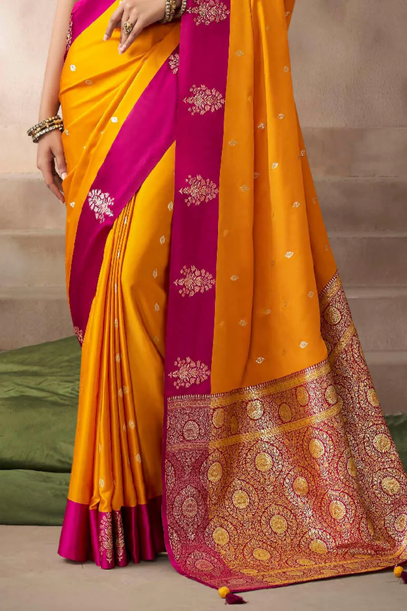 Stunning Yellow Banarasi Satin Silk Saree With Beguiling Blouse - Image 4
