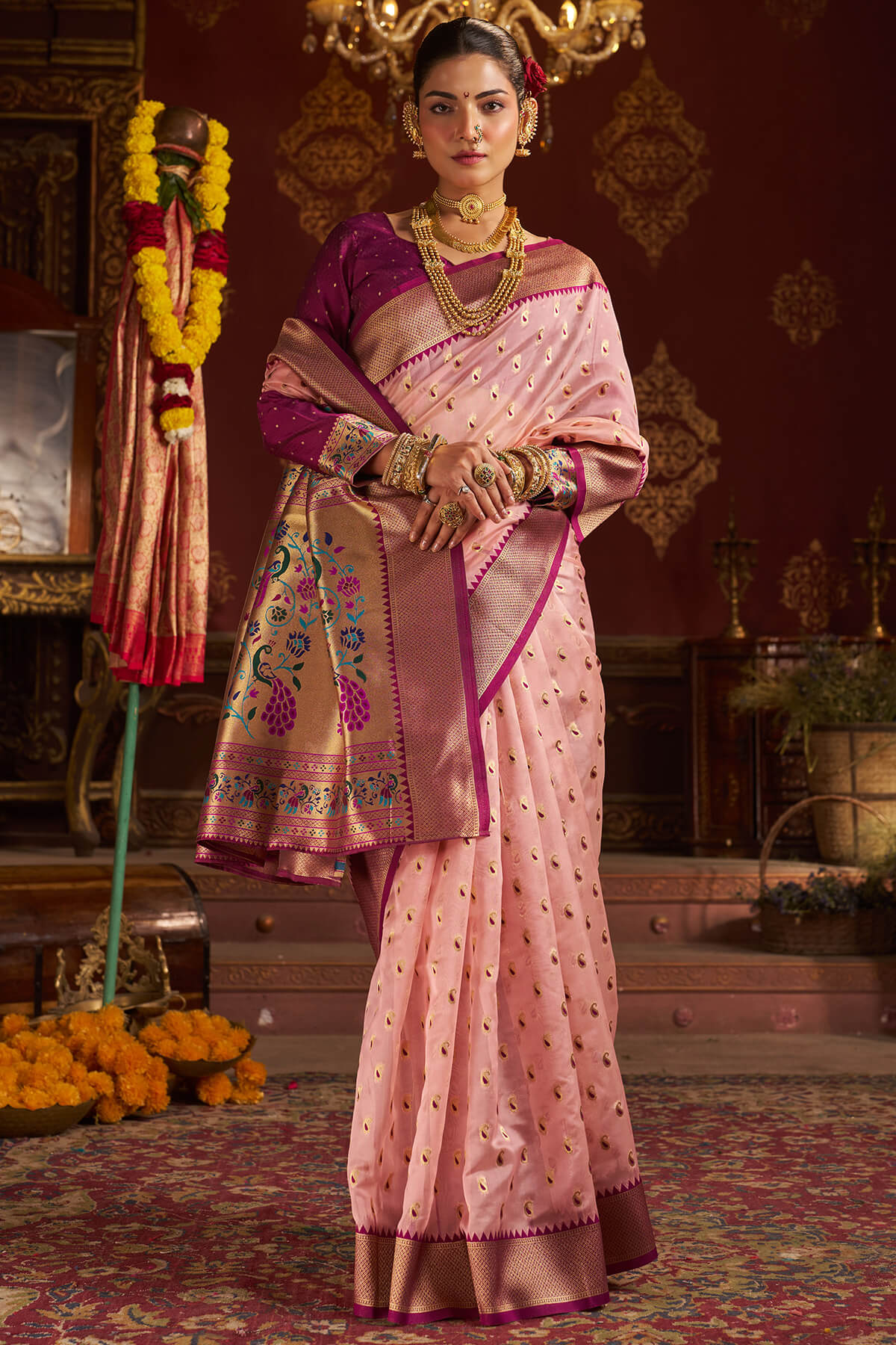 Stylish Baby Pink Organza Paithani Silk Saree With Piquant Blouse Piece - Image 3