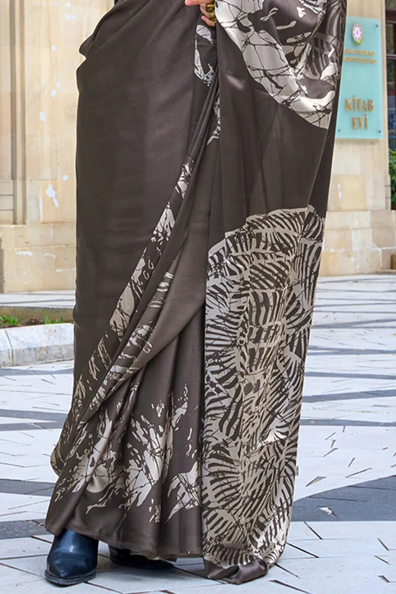 Stylish Dark Brown Digital Printed Satin Silk Saree With Staring Blouse Piece - Image 3