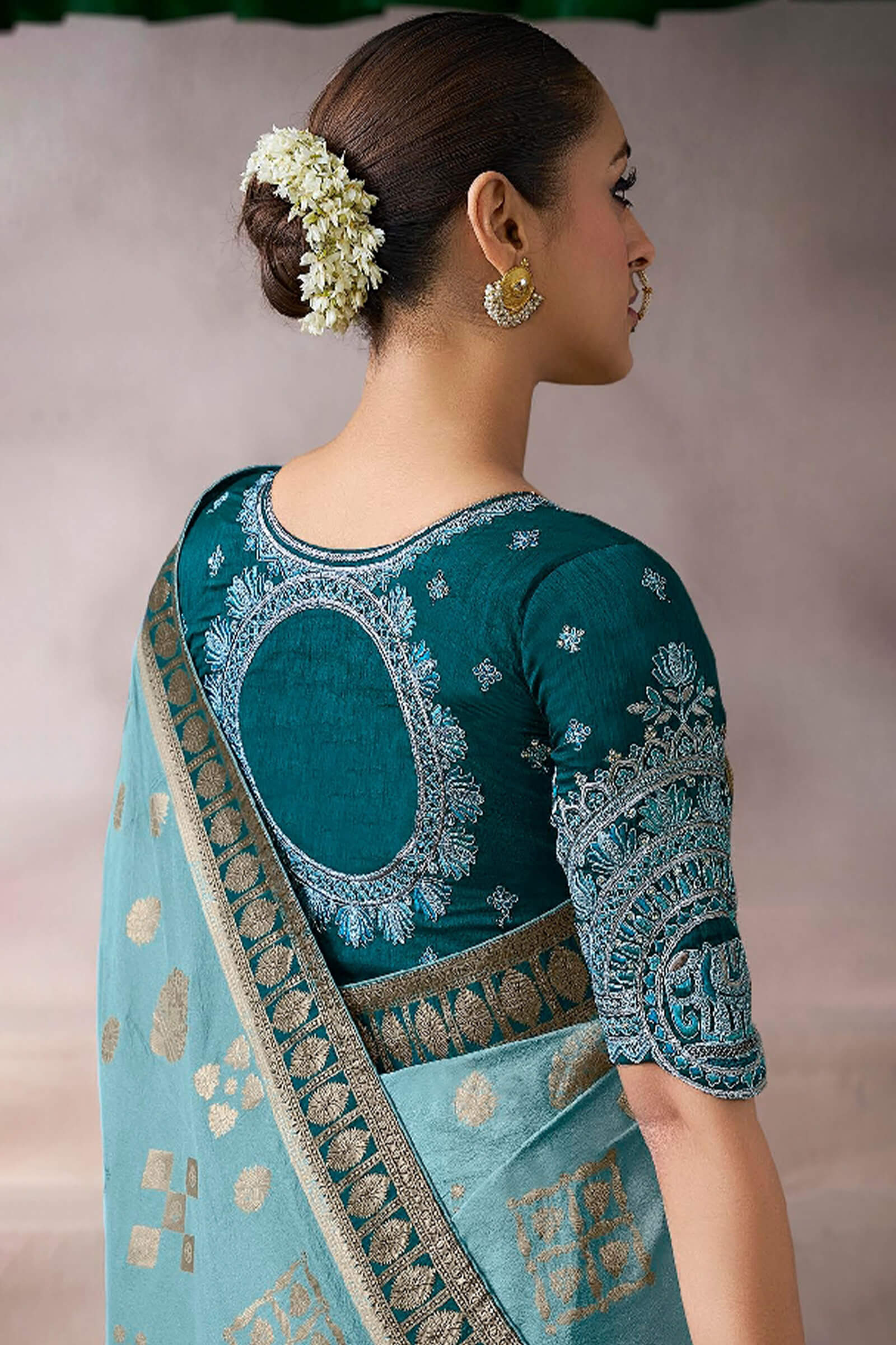 Stylish Firozi Banarasi Satin Silk Saree With Exuberant Blouse - Image 3