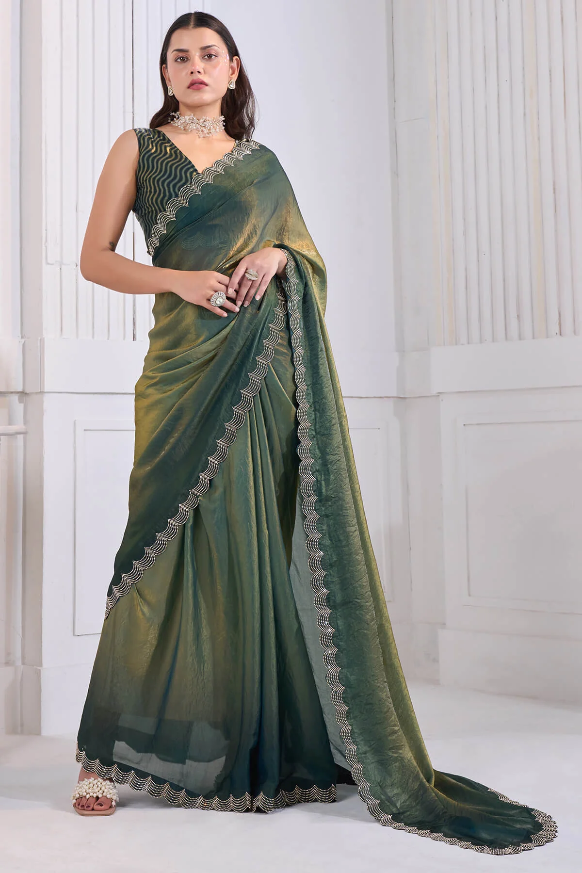 Stylish Green Jarkan Work Fandy Silk Saree - Image 3