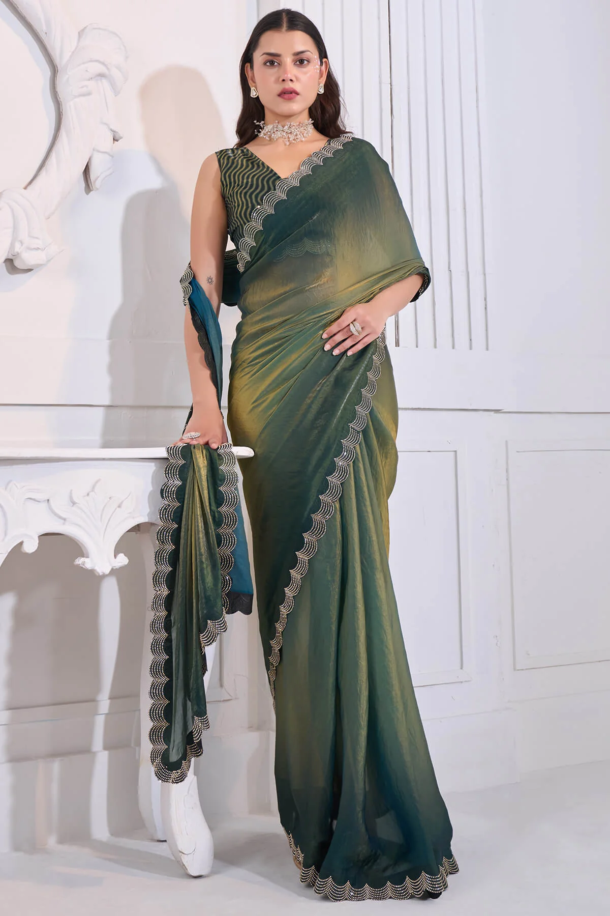 Stylish Green Jarkan Work Fandy Silk Saree - Image 5