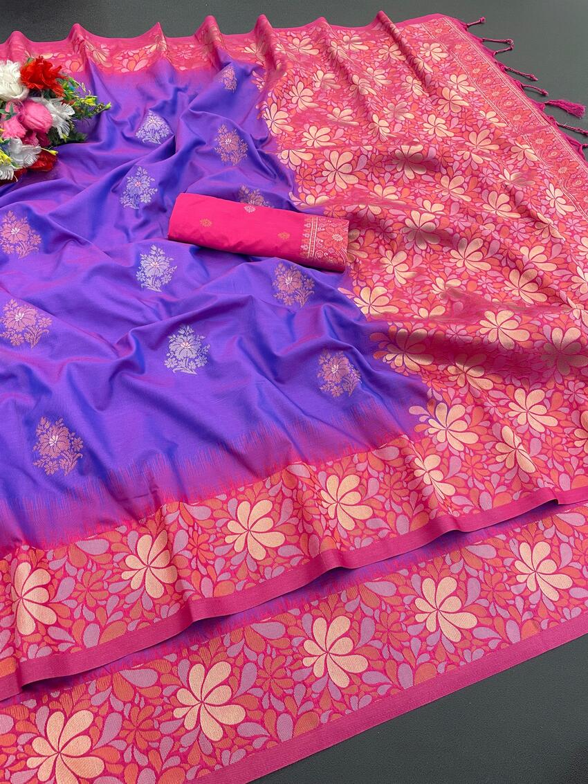 Stylish Purple Soft Banarasi Silk Saree With Inimitable Blouse Piece - Image 2
