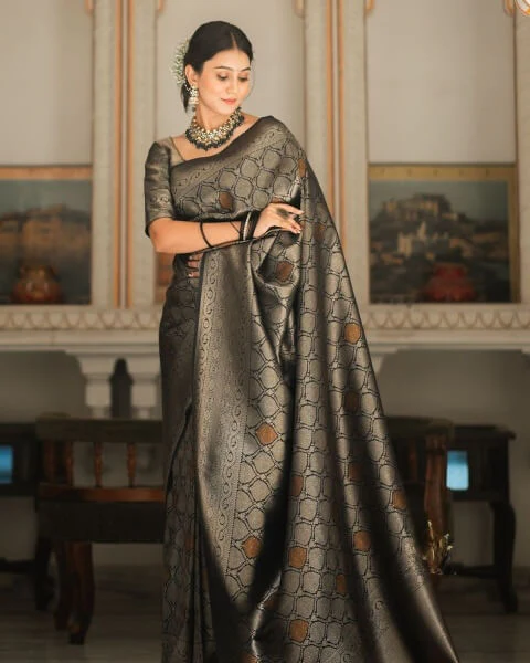 Sumptuous Black Soft Silk Saree With Imbrication Blouse Piece - Image 3