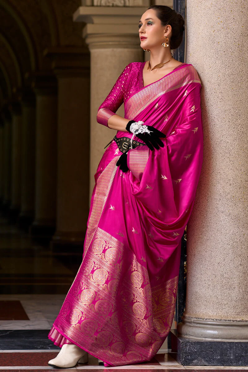 Sumptuous Dark Pink Banarasi Satin Silk Saree With Delectable Blouse - Image 4