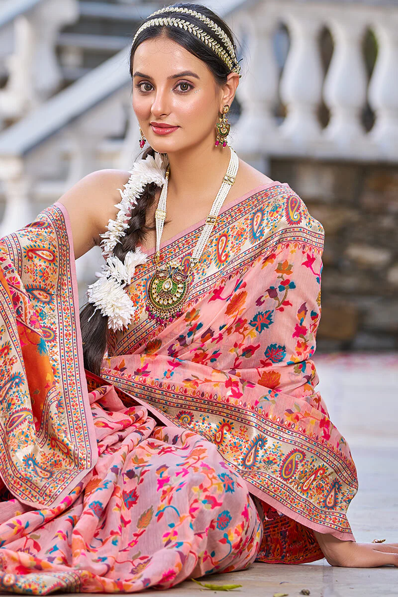 Sumptuous Pink Pashmina saree With Palimpsest Blouse Piece - Image 5
