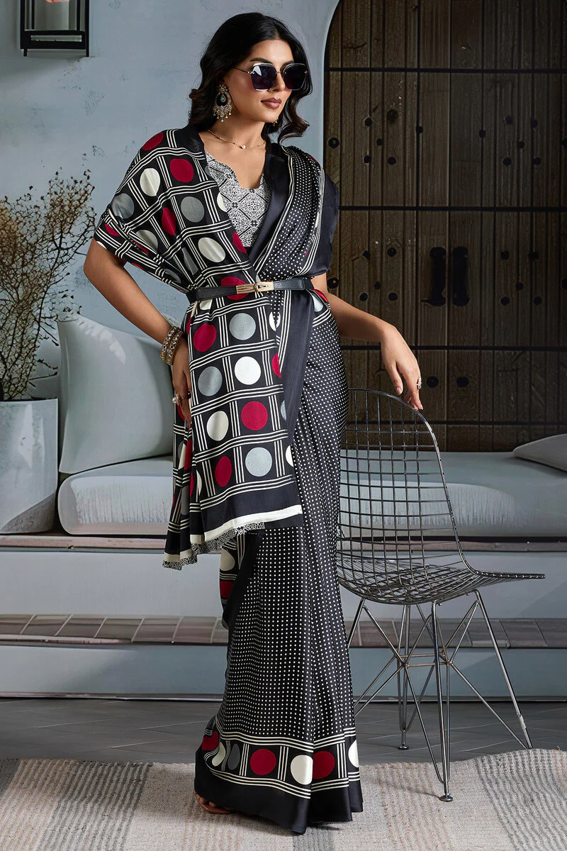 Super classy Black Ajrakh Printed Satin Silk Saree With Quintessential Blouse Piece - Image 5