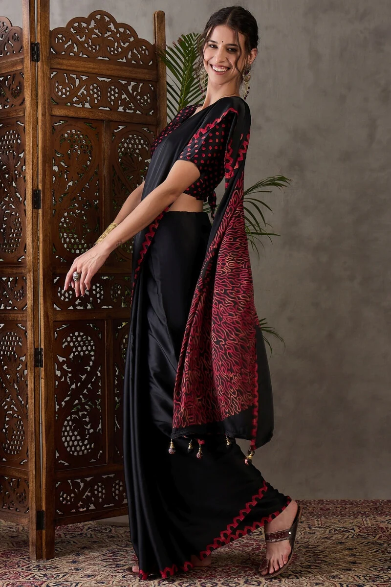 Super classy Black Ajrakh Printed Semi Modal Silk Saree With Symmetrical Blouse Piece - Image 3