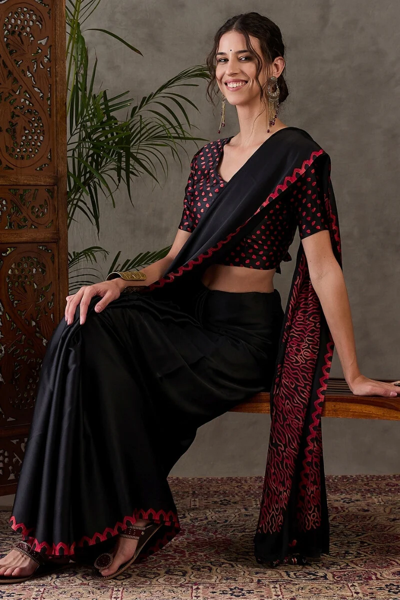 Super classy Black Ajrakh Printed Semi Modal Silk Saree With Symmetrical Blouse Piece - Image 6