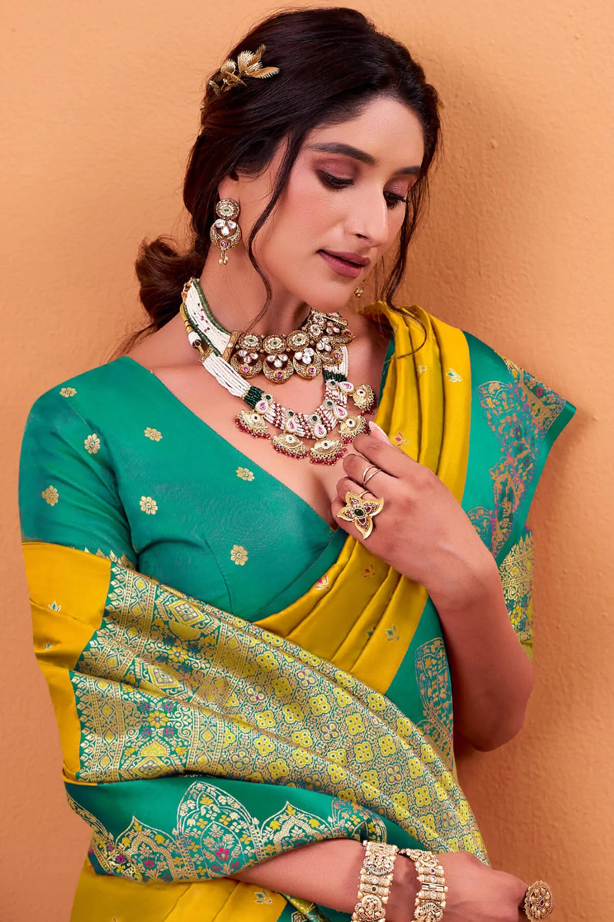 Super classy Yellow Banarasi Satin Silk Saree With Flattering Blouse - Image 3