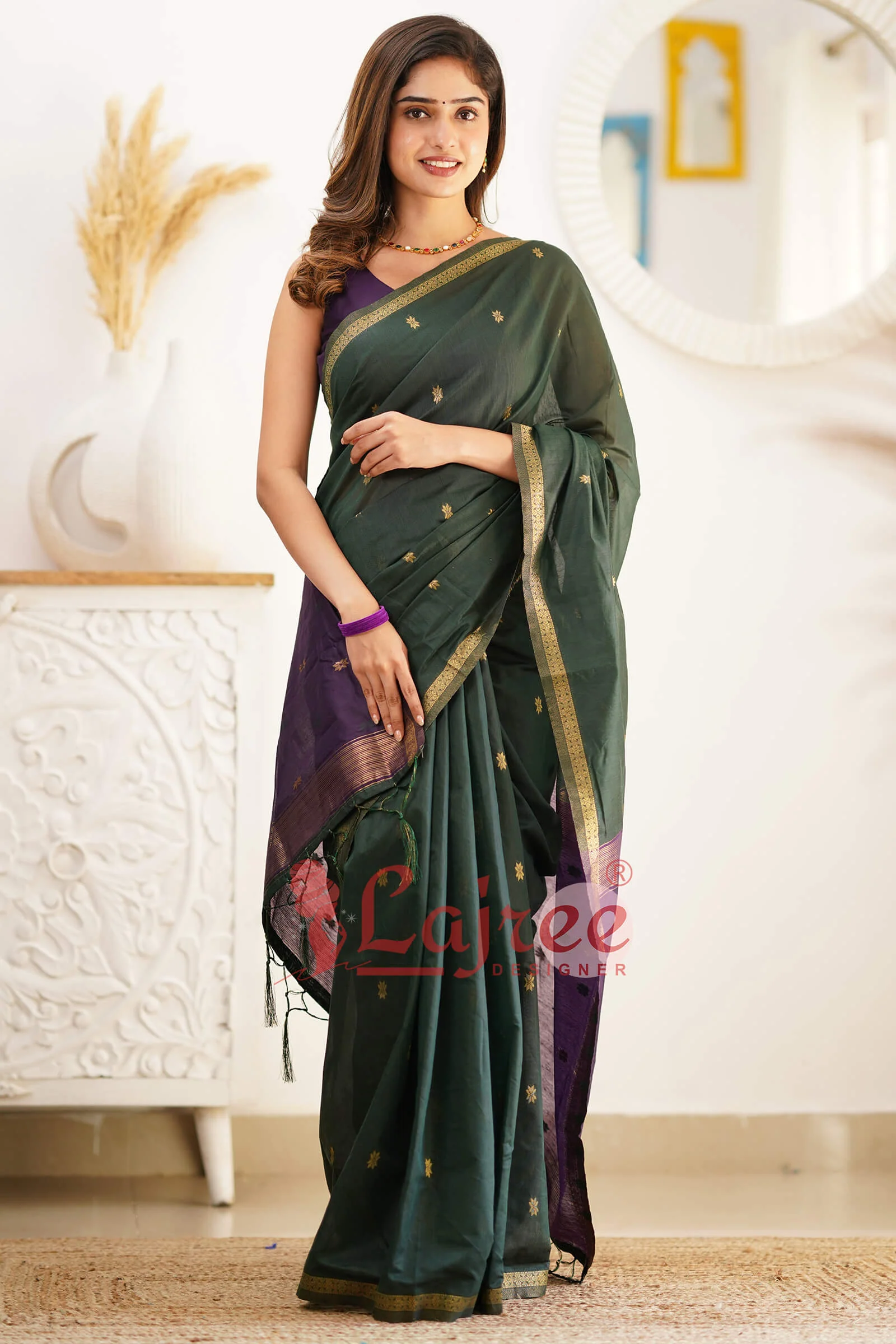 Super Extravagant Green Cotton Silk Saree With Stunner Blouse Piece - Image 4