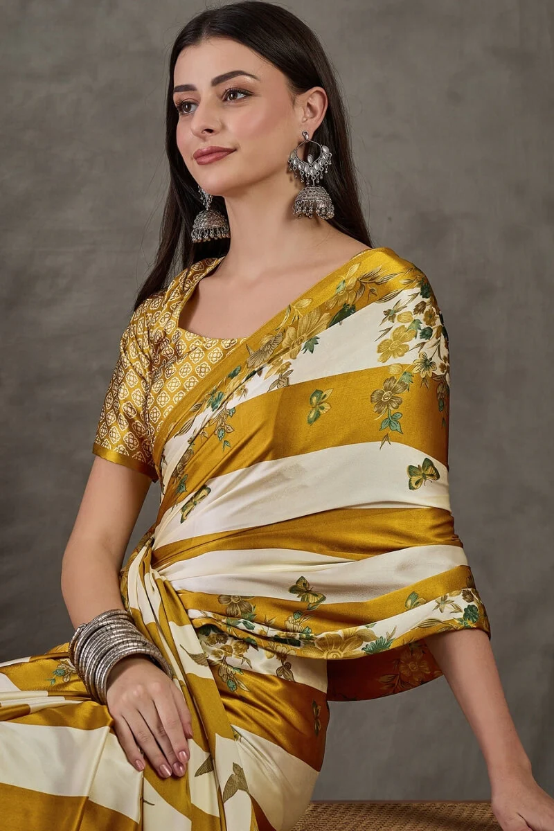 Super extravagant Mustard Ajrakh Printed Semi Modal Silk Saree With Demesne Blouse Piece - Image 2
