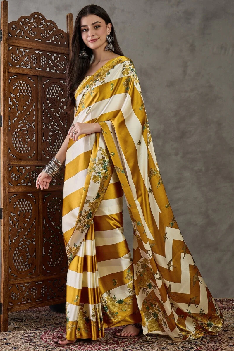 Super extravagant Mustard Ajrakh Printed Semi Modal Silk Saree With Demesne Blouse Piece - Image 3