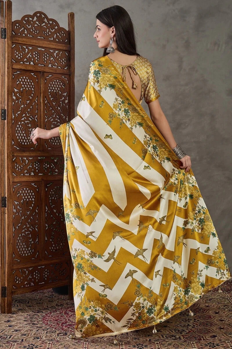 Super extravagant Mustard Ajrakh Printed Semi Modal Silk Saree With Demesne Blouse Piece - Image 7