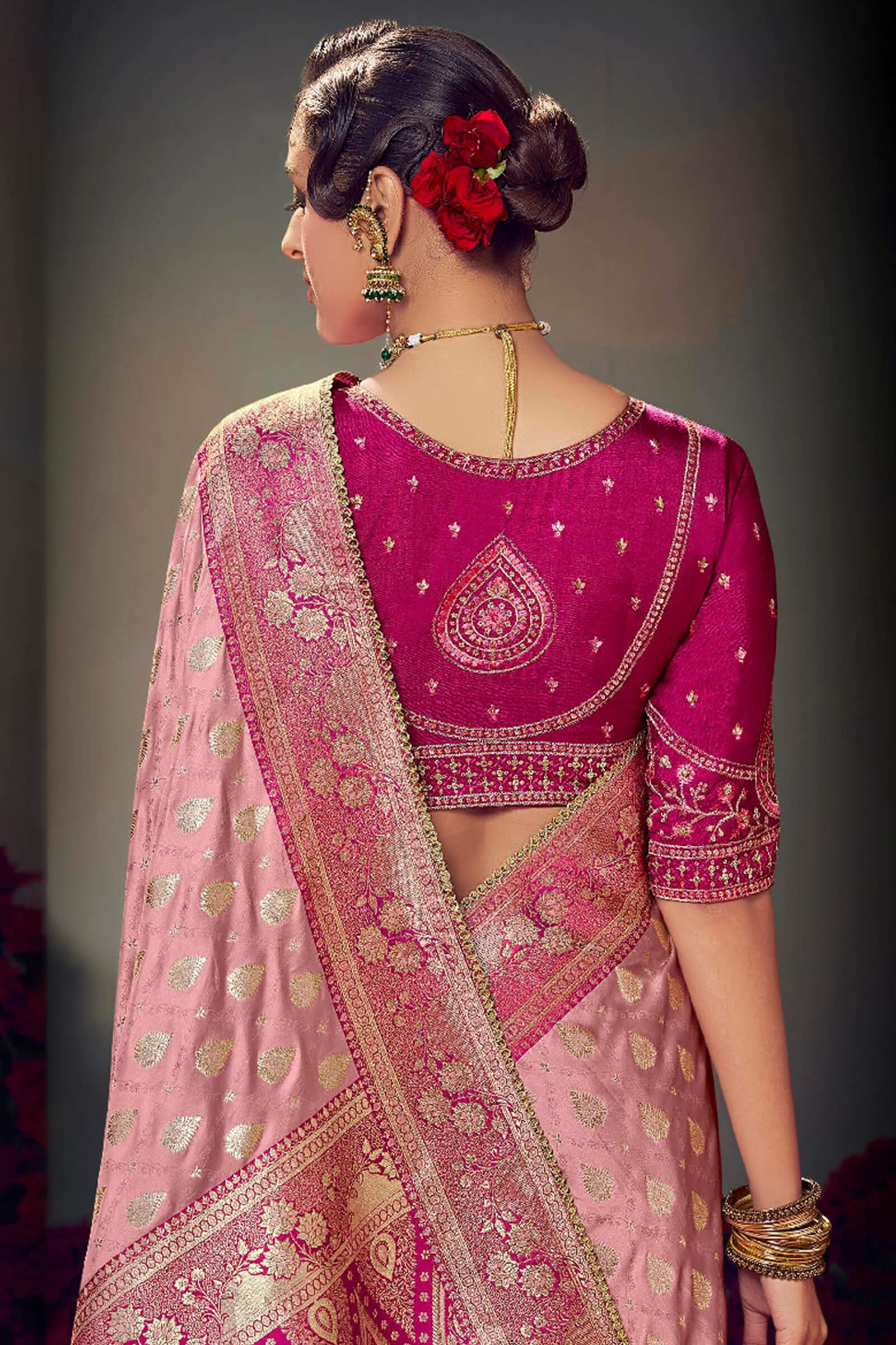 Supernal Baby Pink Banarasi Satin Silk Saree With Elision Blouse Piece - Image 3