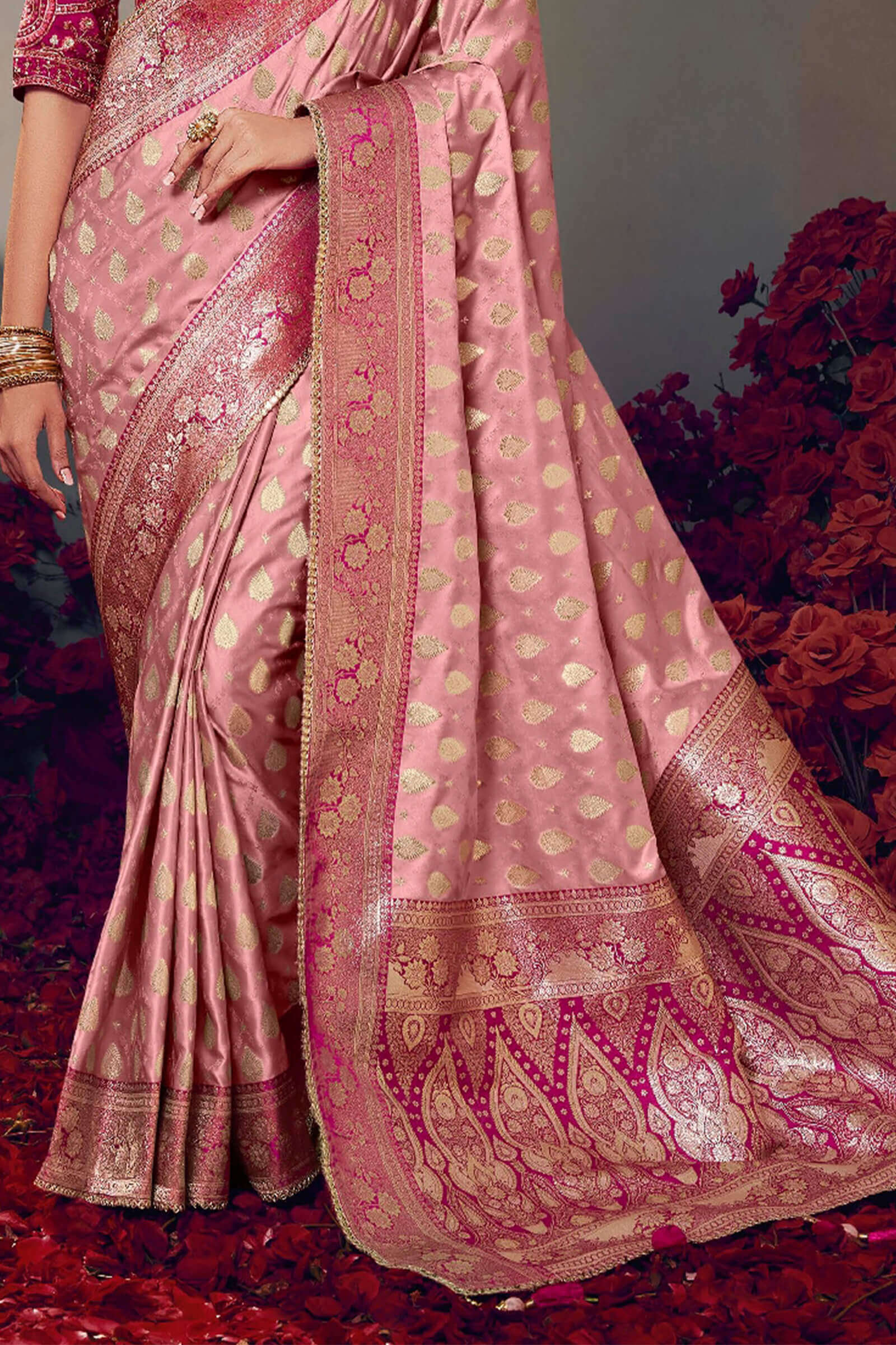 Supernal Baby Pink Banarasi Satin Silk Saree With Elision Blouse Piece - Image 4