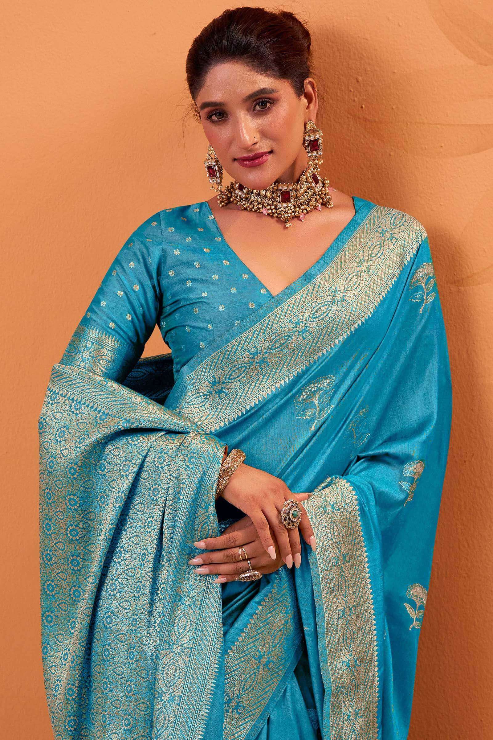 Supernal Firozi Banarasi Tussar Silk Saree With Rhapsody Blouse Piece - Image 2